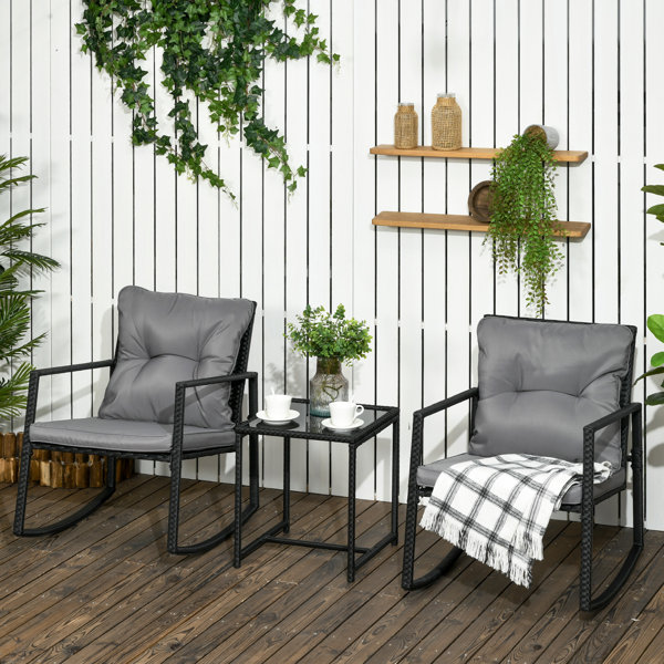 Ebern Designs 3 Pieces Rocking Bistro Set, Outdoor Wicker Patio
